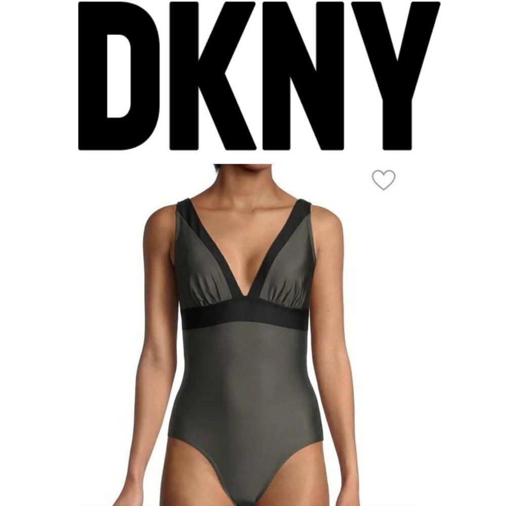 DKNY Black Contrast-Trim olive Army Green Women's  One-Piece Swimsuit sz 10 - Picture 2 of 8